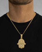 Male model wearing 14K Jumbo Hamsa Diamond Pendant