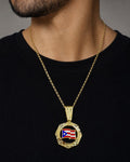Male model wearing 10K Faro Puerto Rico Flag Pendant