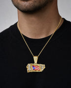 Male model wearing 10K Puerto Rico Flag Emblem Pendant