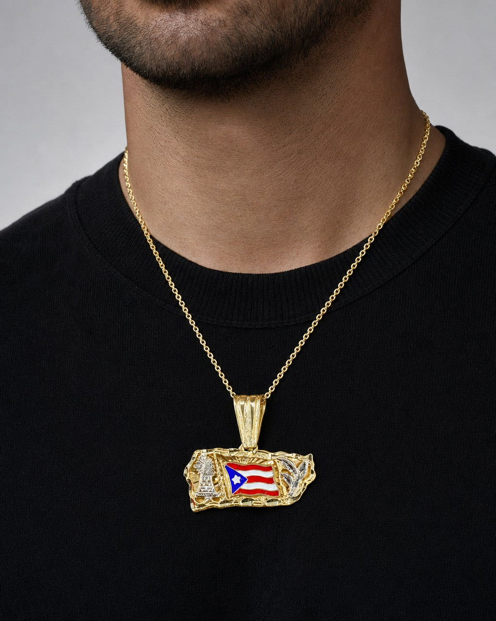 Male model wearing 10K Puerto Rico Flag Emblem Pendant