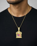 Male model wearing 10K Teatro Puerto Rico Flag Pendant