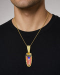 Male model wearing 10K Pendaro Puerto Rico Pendant