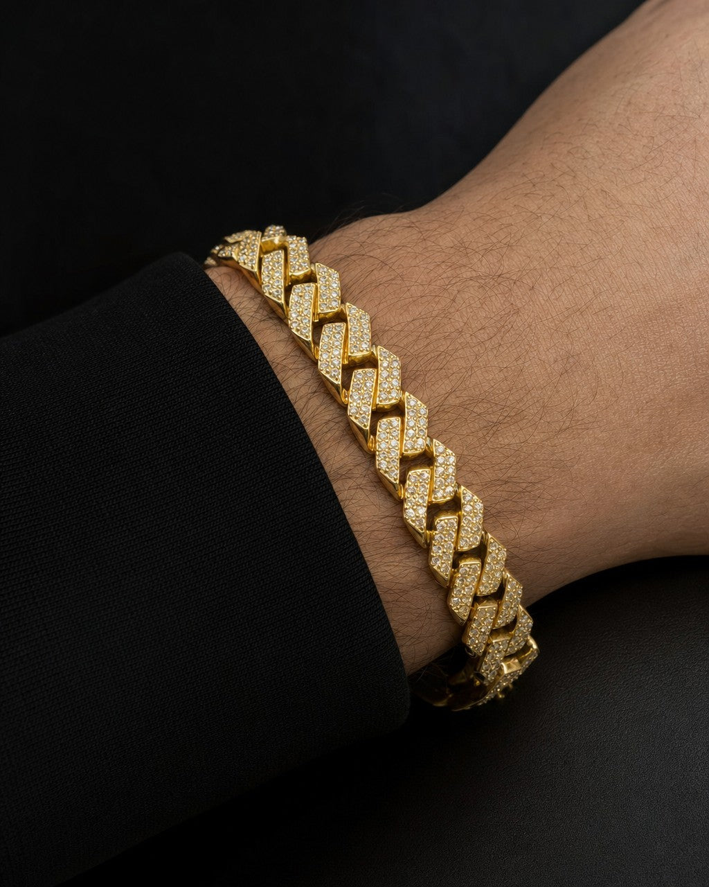 Male model wearing 10K 9MM Cuban Link Diamond Bracelet 7.5-8.5"