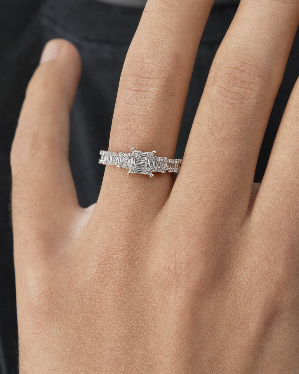 Male model wearing 14K Capitol Diamond Baguette Ring