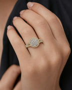 Female model wearing 14K Circle Halo Diamond Ring