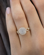 Female model wearing 14K Forever Circle Halo Diamond Ring