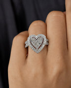 Female model wearing 14K Heart Halo Diamond Baguette Ring