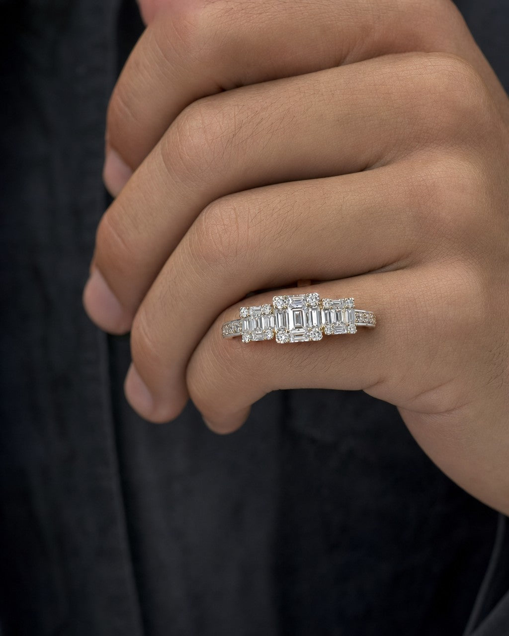 Male model wearing 14K Three Baguette Diamond Ring