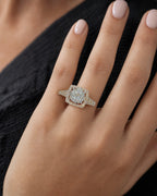 Female model wearing 14K Circle Square Halo Diamond Ring