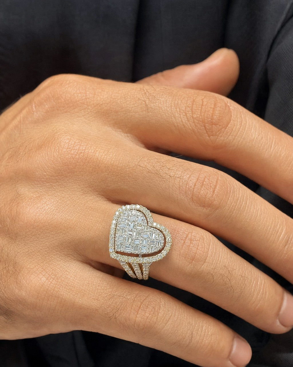Male model wearing 14K Full Heart Diamond Baguette Ring