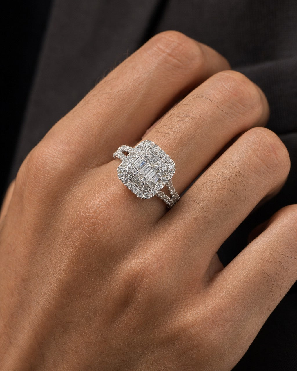 Male model wearing 14K Cake Square Diamond Baguette Ring