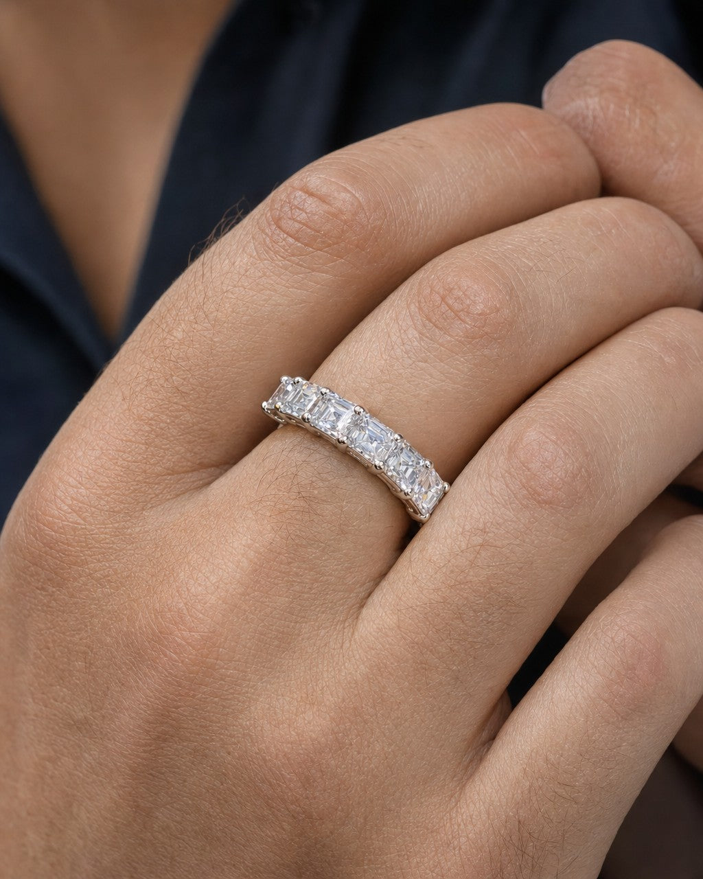 Male model wearing Emerald Cut Diamond Ring