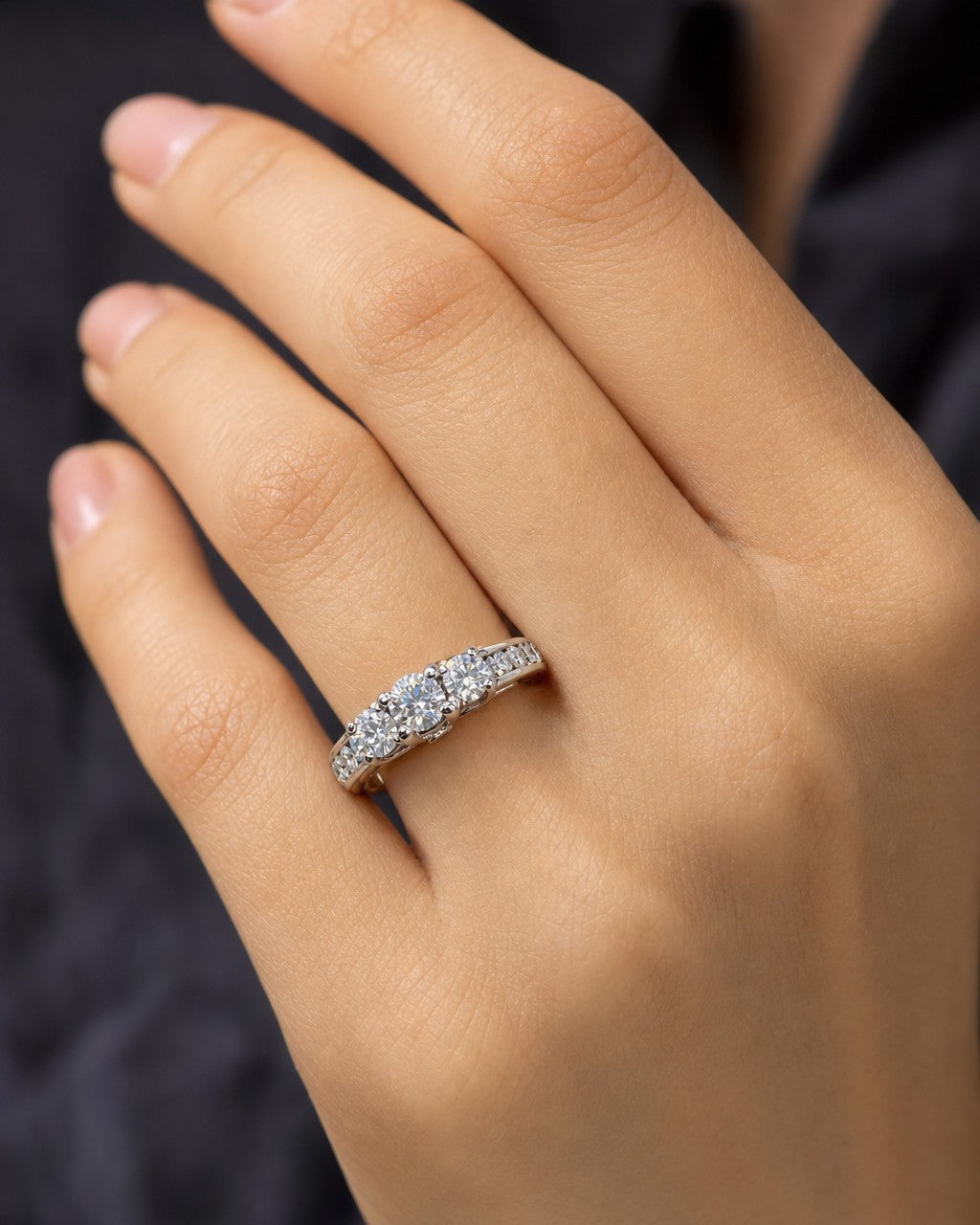 Female model wearing 14K Three Stone Pave Diamond Engagement Ring