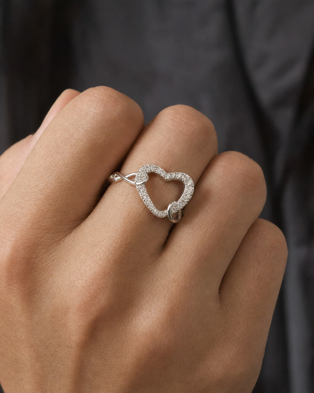 Male model wearing 14K Heart Infinity Diamond Ring Adjustable Band
