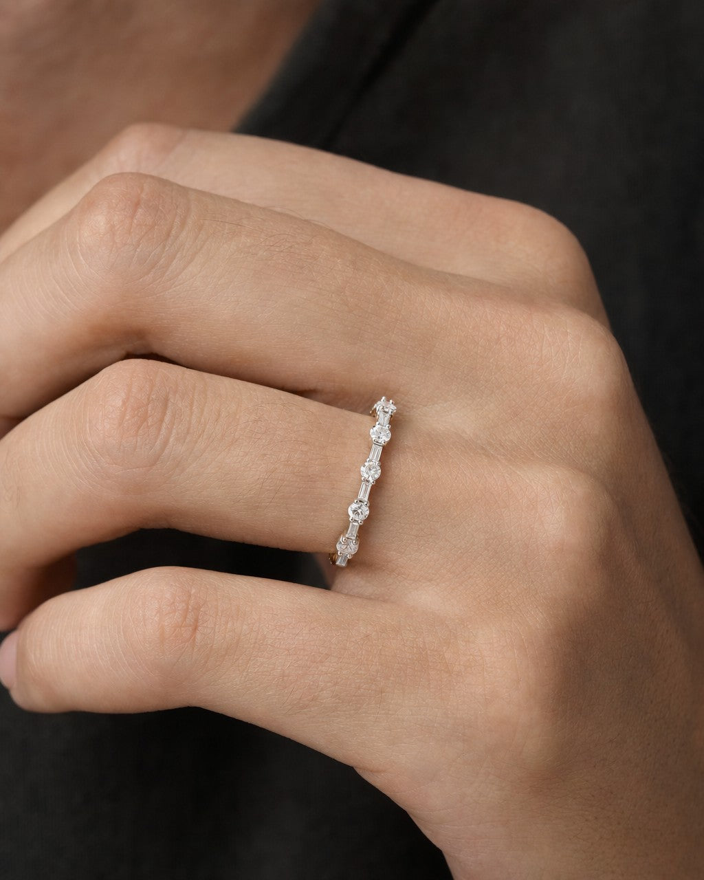 Male model wearing 14K Diamond Baguette Band Ring