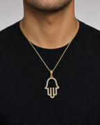 Male model wearing 14K Hamsa Diamond Pendant