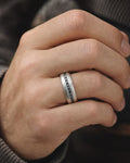 Male model wearing Platinum Kane Black Diamond Band Ring
