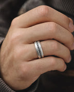 Male model wearing Platinum Kane Black Diamond Band Ring