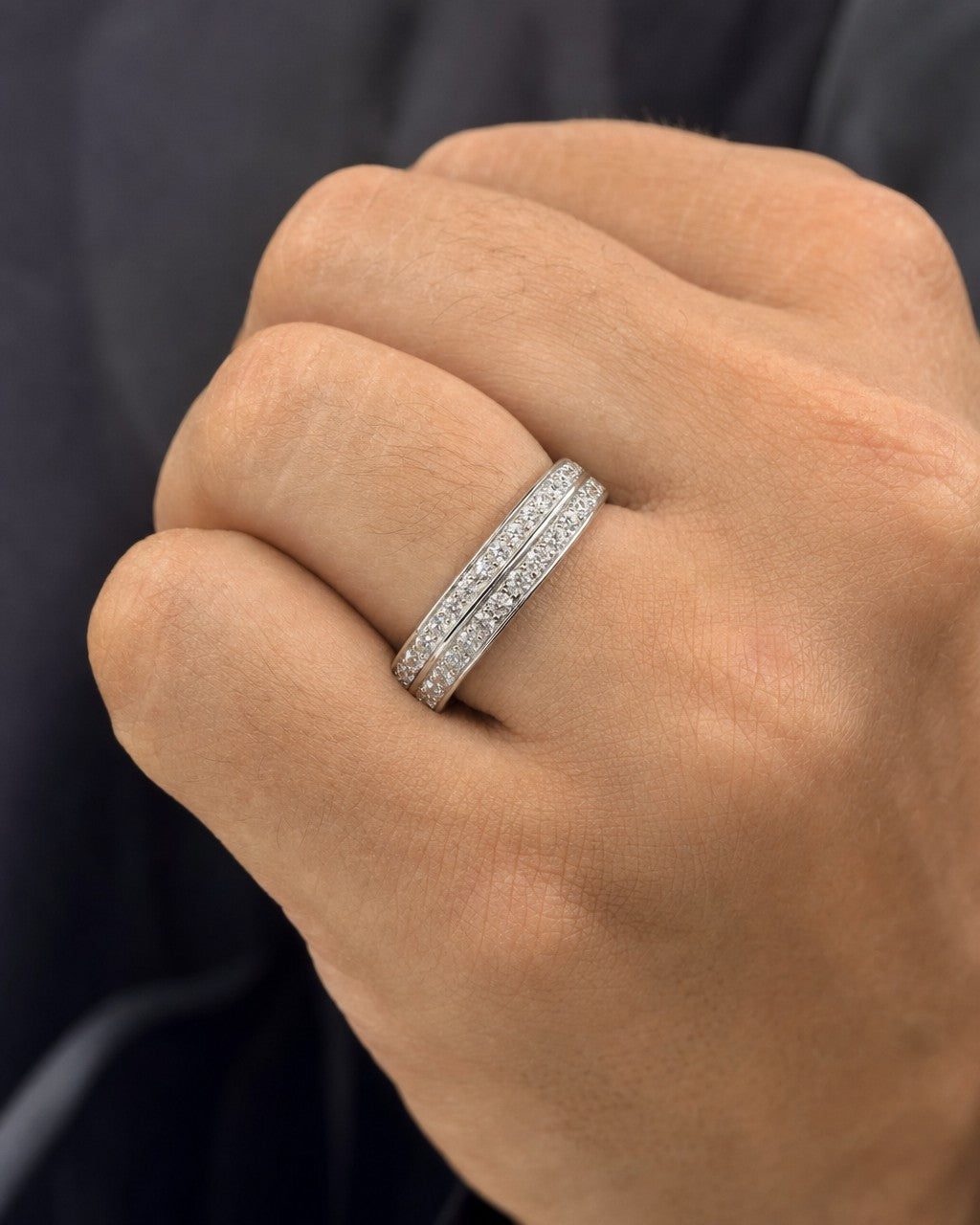 Male model wearing Platinum Double Row Diamond Band Ring