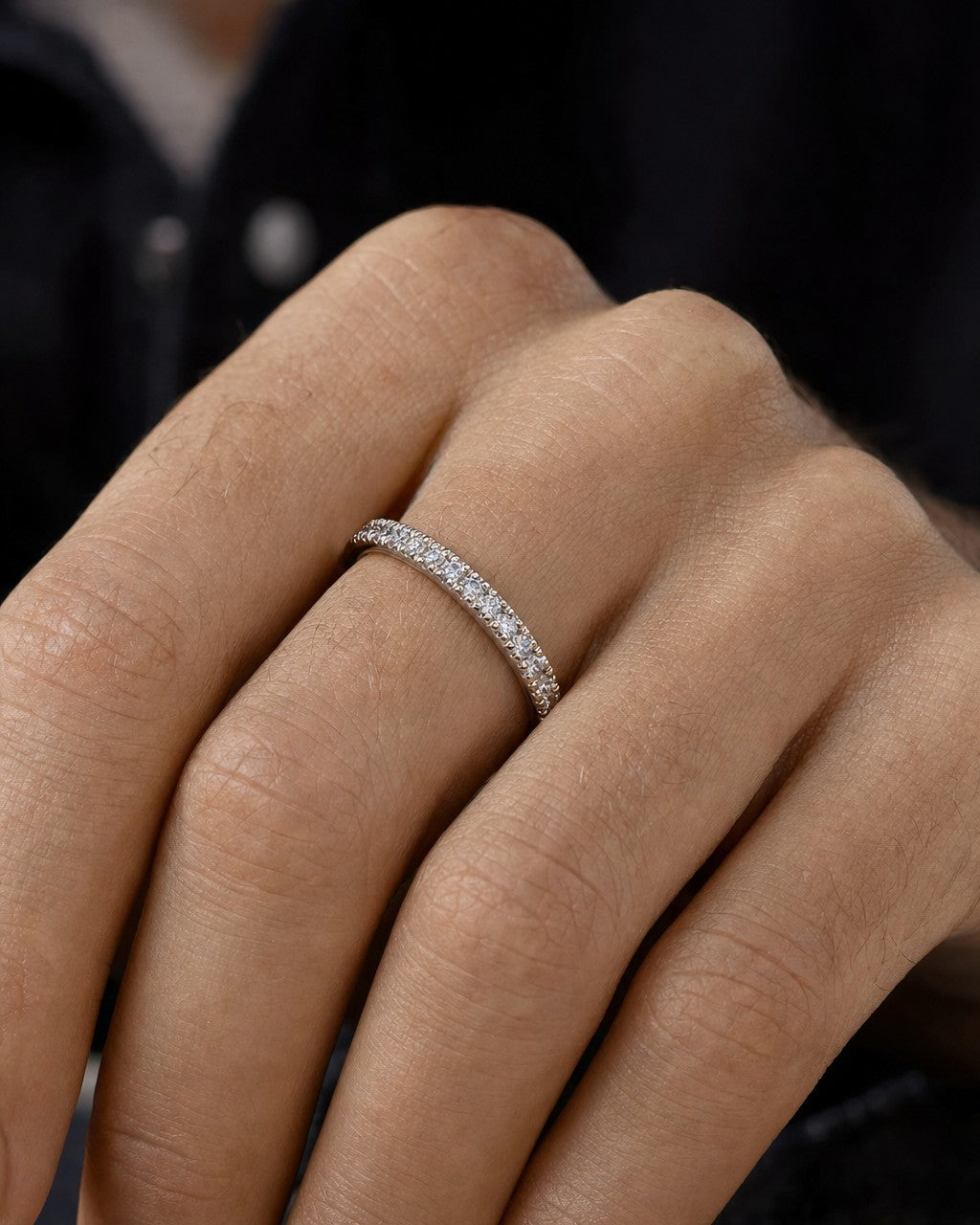 Male model wearing 2.2MM Platinum Diamond Band Ring