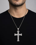 Male model wearing 10K Virtue Cross Diamond Pendant
