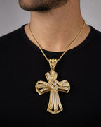 Male model wearing 10K Francis Cross Diamond Baguette Pendant