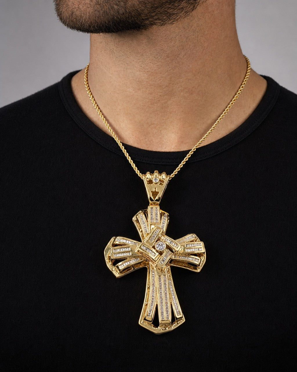Male model wearing 10K Francis Cross Diamond Baguette Pendant