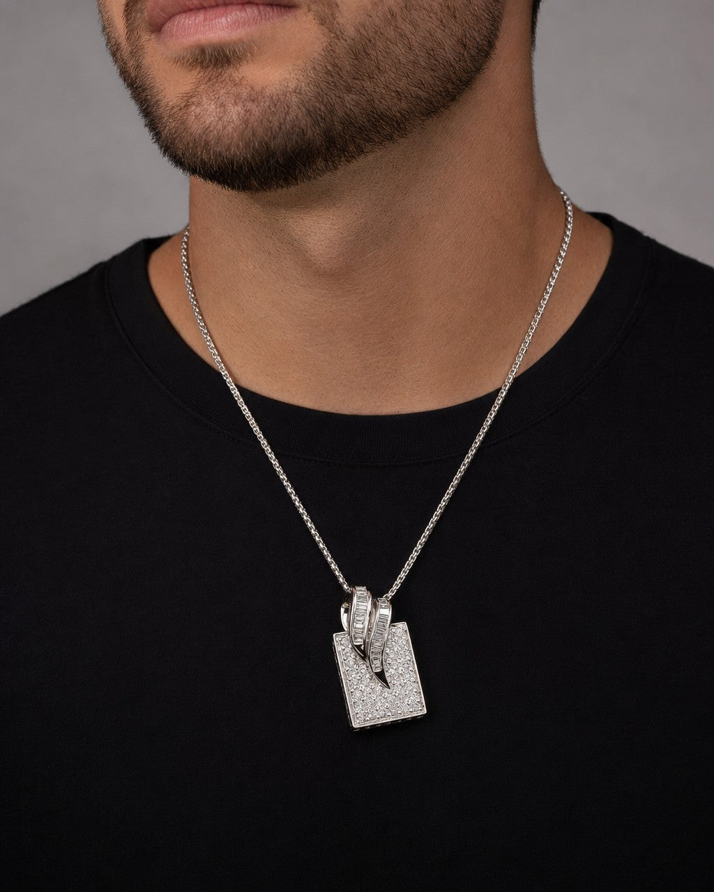 Male model wearing 10K Icy Tag Diamond Pendant