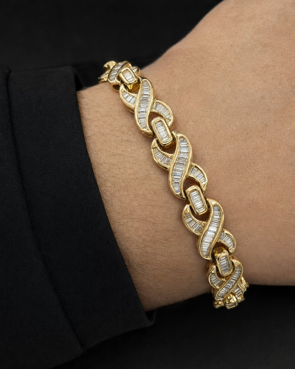 Male model wearing 14K Infinity Link Diamond Baguette Bracelet 7"
