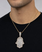 Male model wearing 14K Hamsa Emerald Cut Diamond Pendant