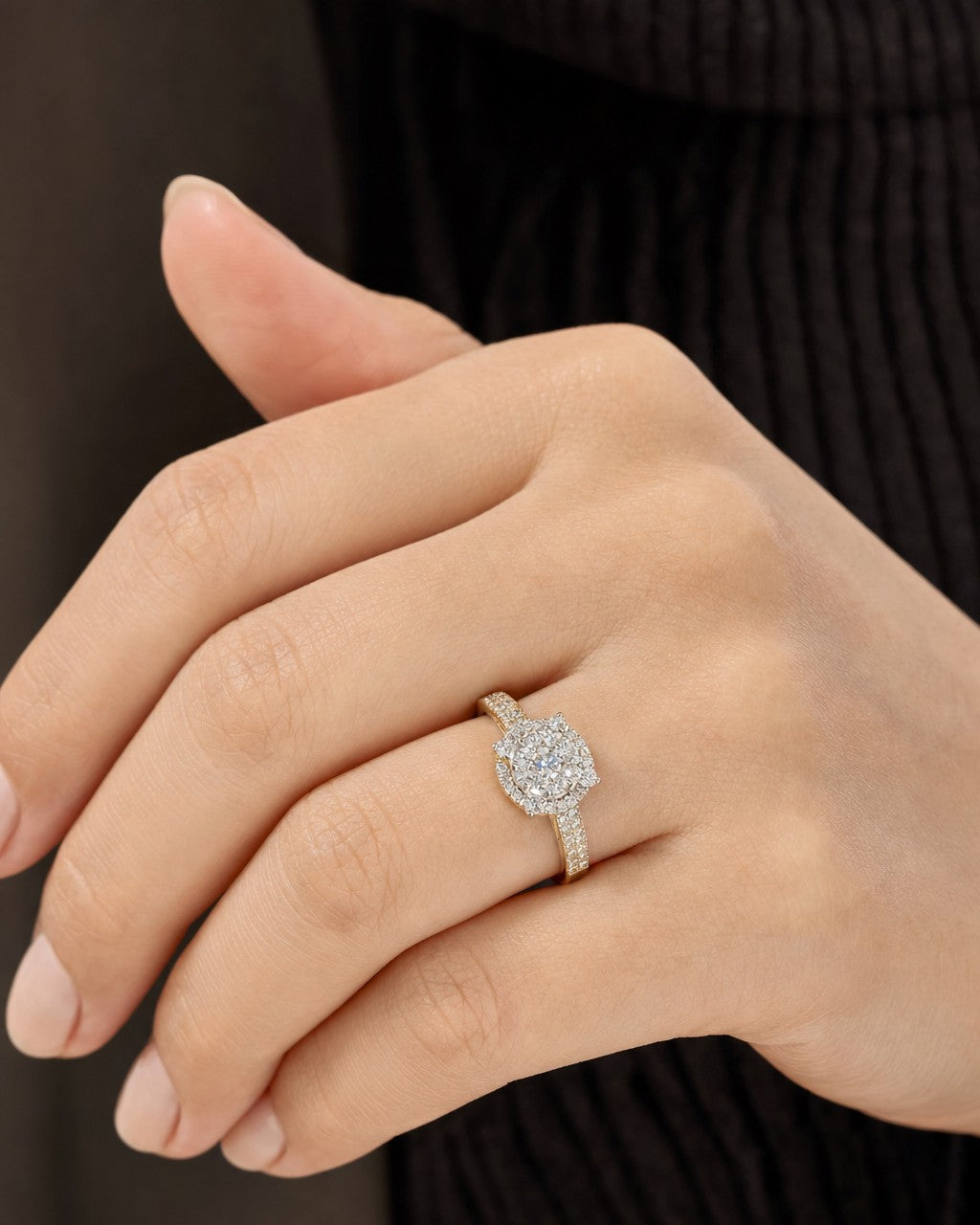 Female model wearing 14K Brilliant Circle Diamond Engagement Ring