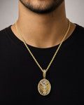 Male model wearing 14K Jesus Save Us Medal Diamond Pendant