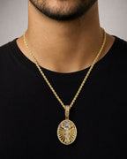 Male model wearing 14K Jesus Save Us Medal Diamond Pendant
