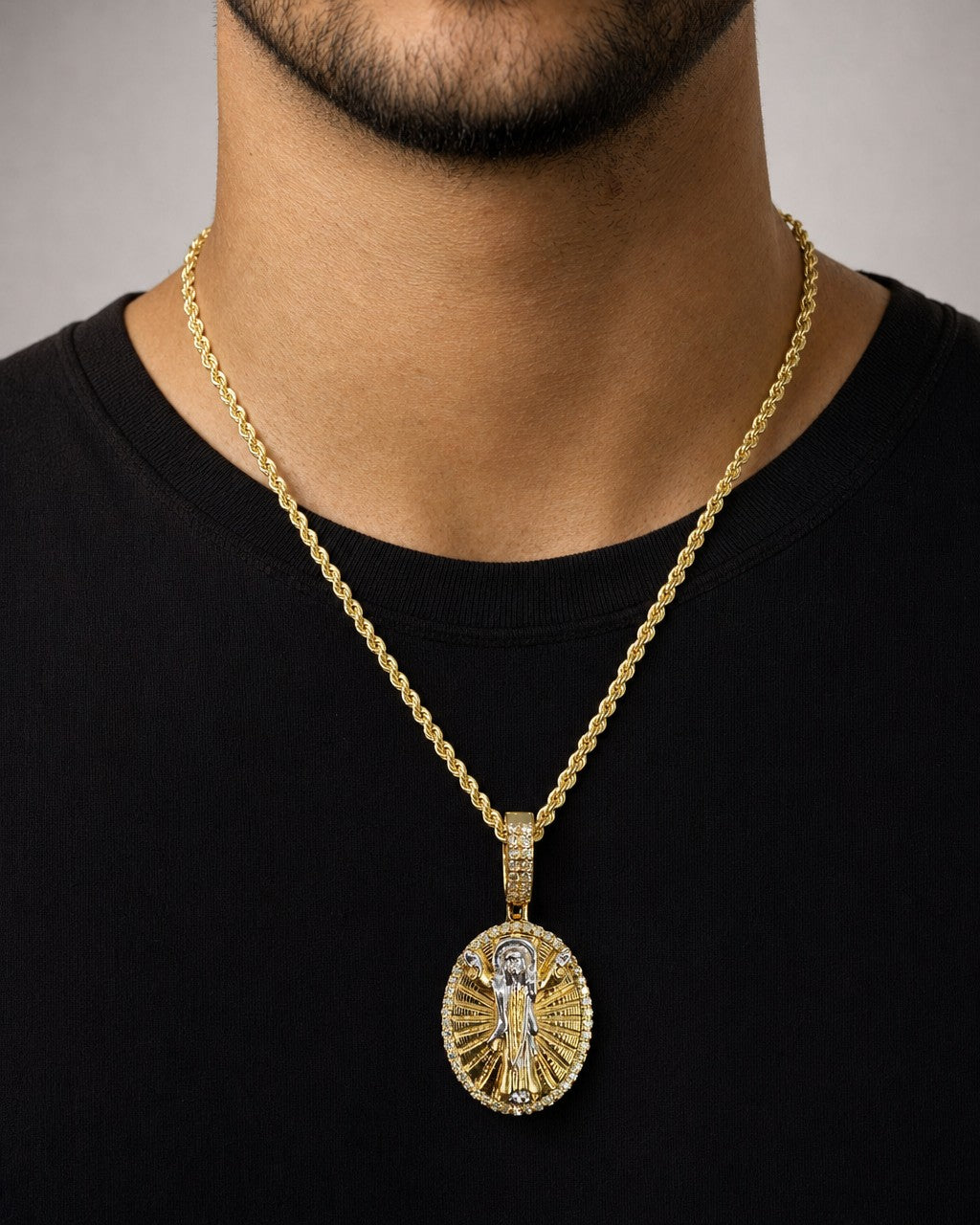 Male model wearing 14K Jesus Save Us Medal Diamond Pendant