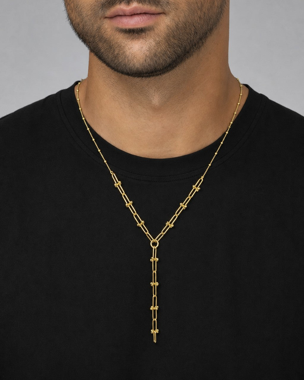 Male model wearing 14K Manhattan Lariat Necklace 18"