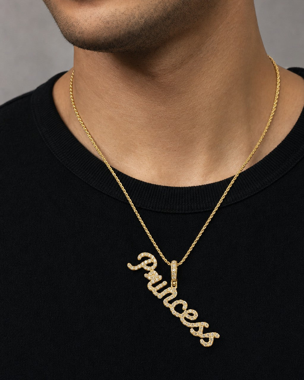 Male model wearing 10K Princess Plate Diamond Pendant