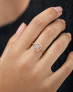 Female model wearing 14K Palace Square Halo Diamond Baguette Engagement Ring