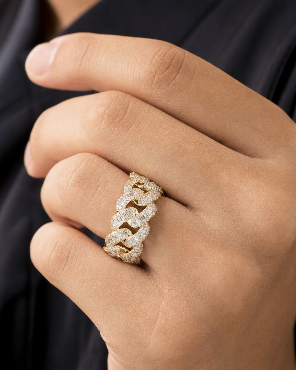 Male model wearing 10K Chubby Cuban Link Diamond Baguette Ring