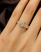 Female model wearing 14K Marilyn Square Halo Stack Diamond Engagement Ring