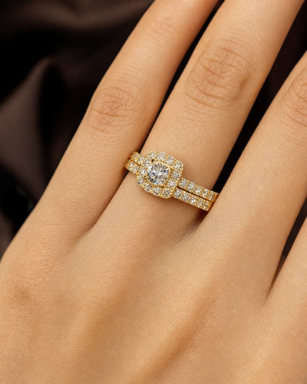 Female model wearing 14K Marilyn Square Halo Stack Diamond Engagement Ring