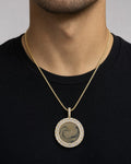 Male model wearing 10K Circle Diamond Baguette Photo Pendants