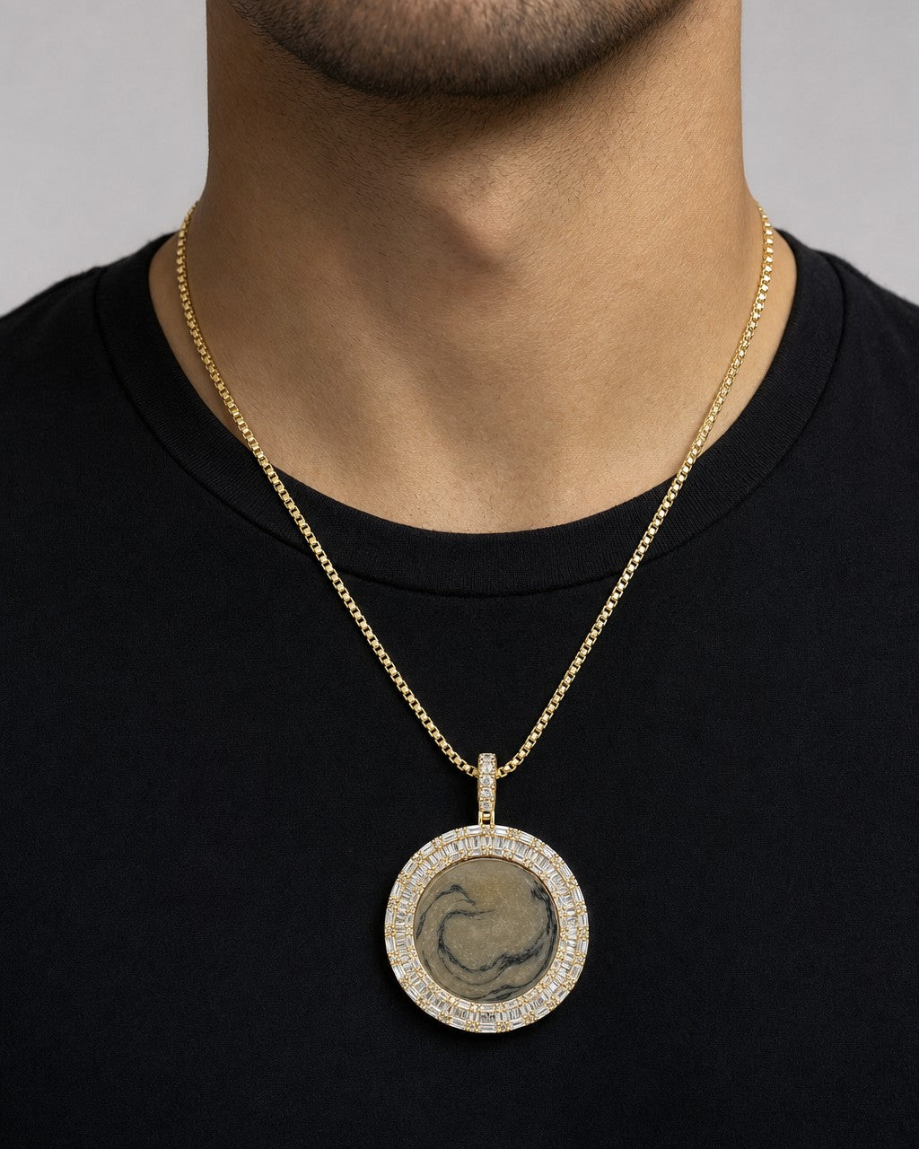 Male model wearing 10K Circle Diamond Baguette Photo Pendants