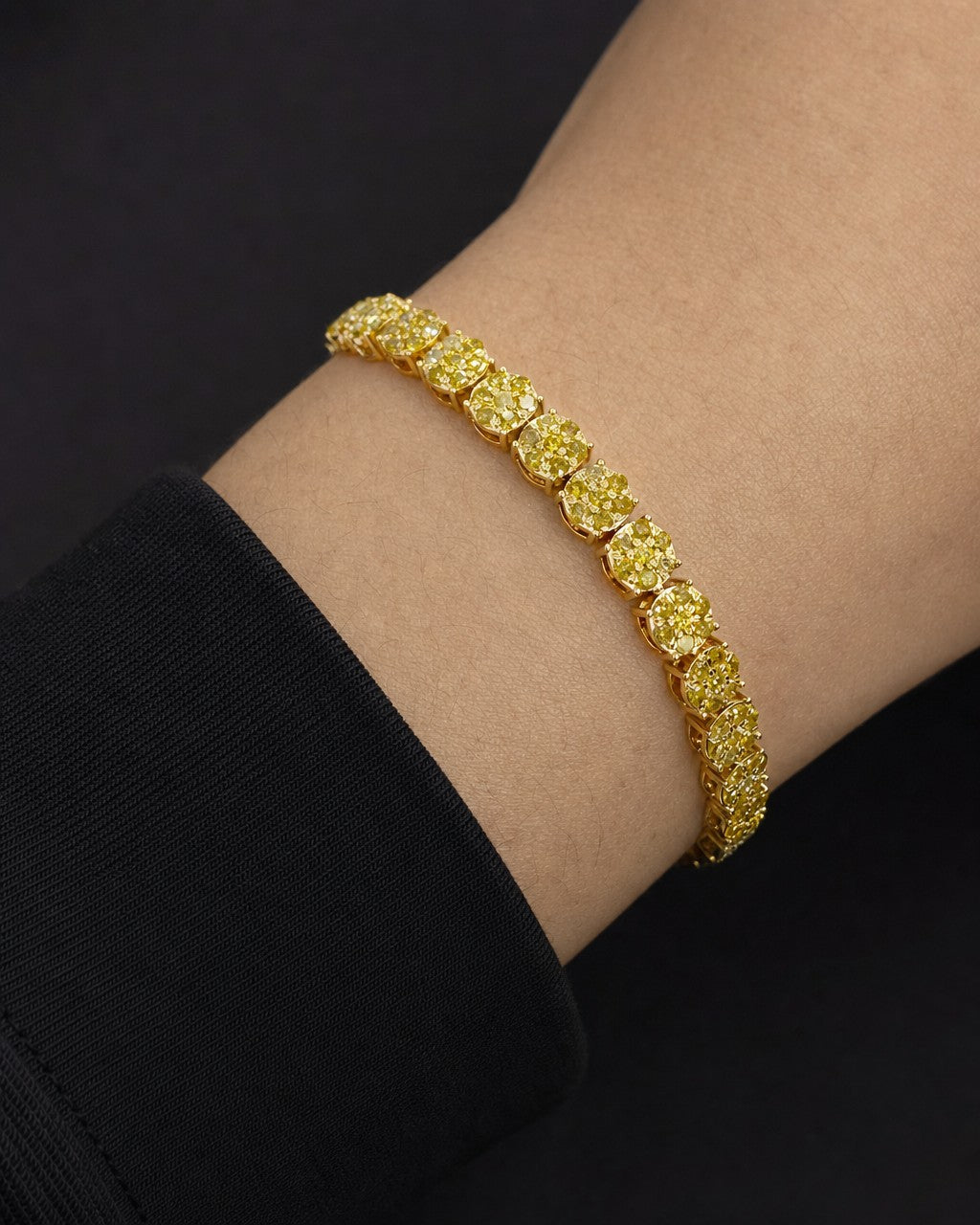 Male model wearing 14K 5MM Canary Diamond Tennis Bracelet 8"