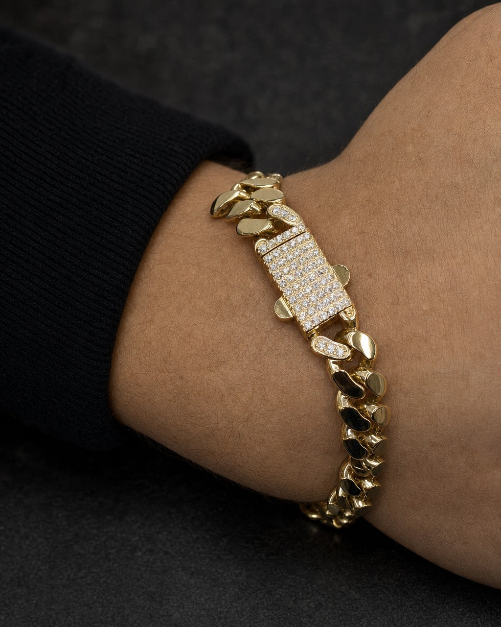 Male model wearing 14K 8.5MM Cuban Link Bracelet 8"