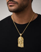 Male model wearing 14K Jesus Head Pendant