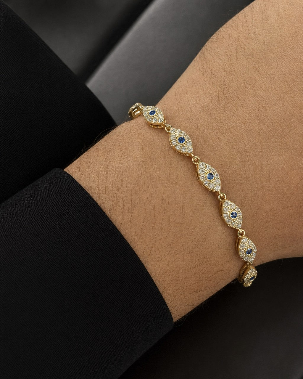 Male model wearing 14K Evil Eye Link Diamond Bracelet 7"