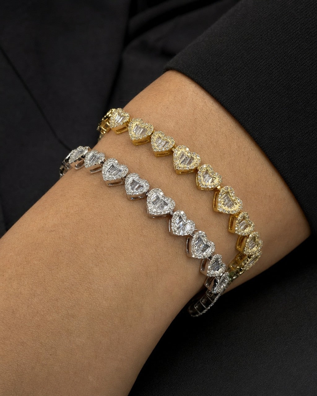 Male model wearing 10K 6.5MM Heart Link Diamond Baguette Bracelet 7"
