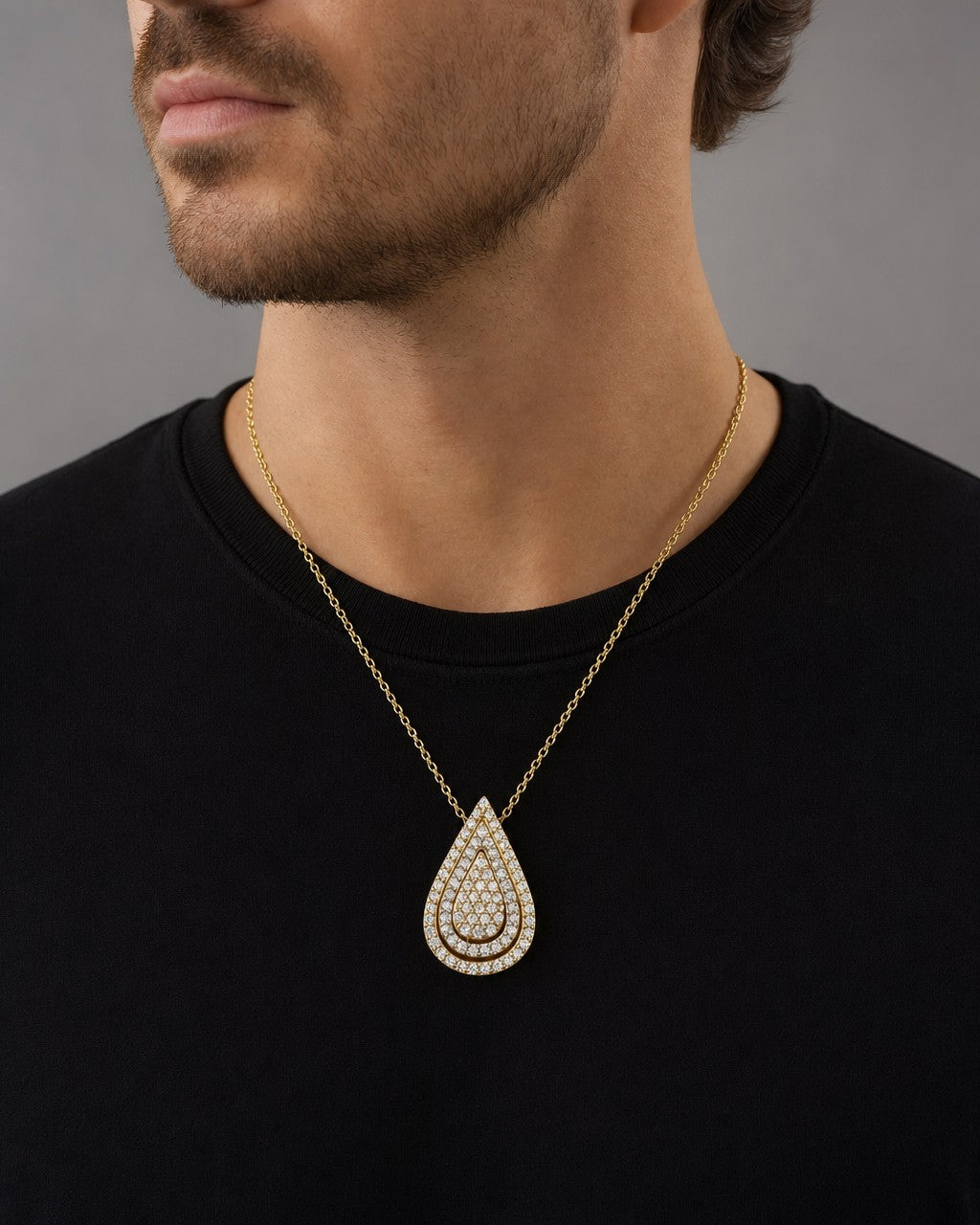 Male model wearing 14K 3 Tier Drip Drop Tear Pendant Necklace
