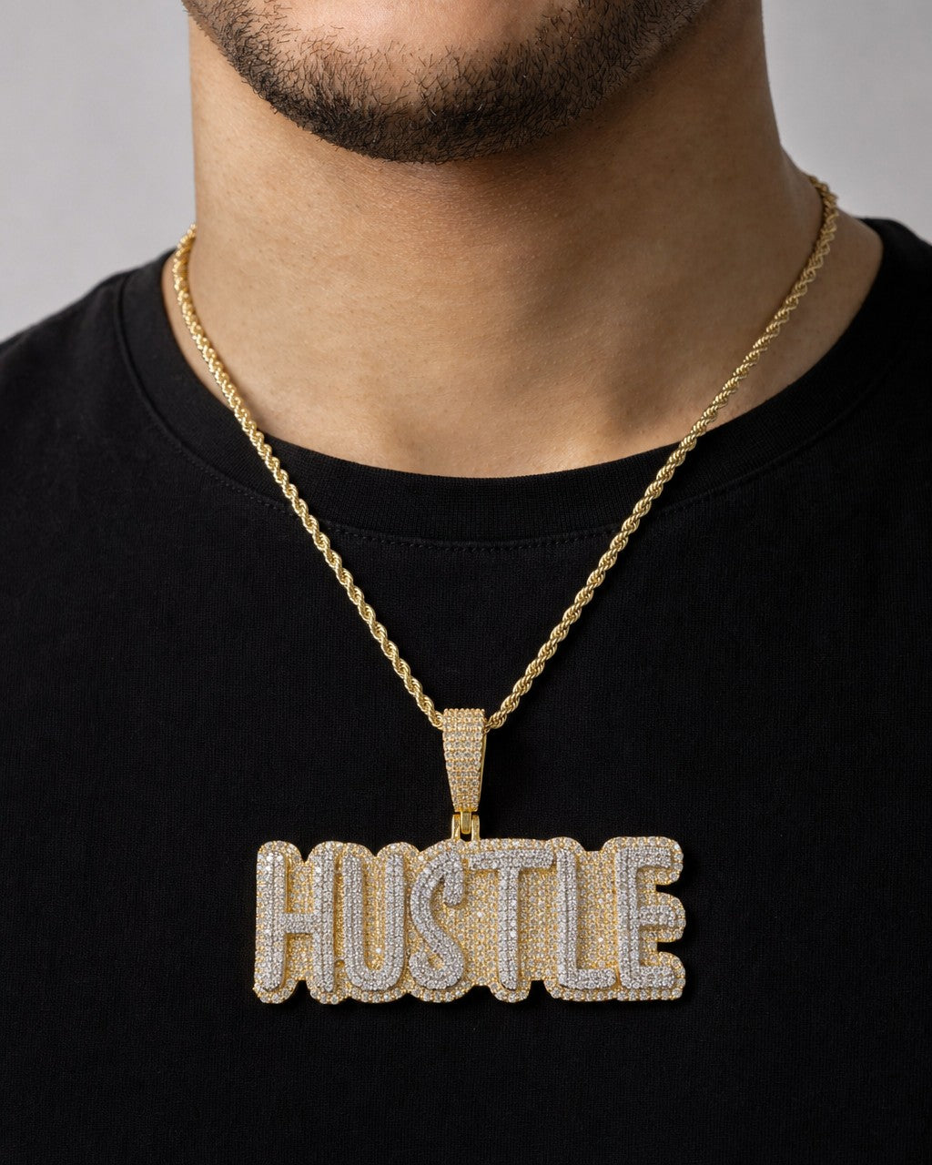 Male model wearing 10K Custom Hustle Diamond Pendant