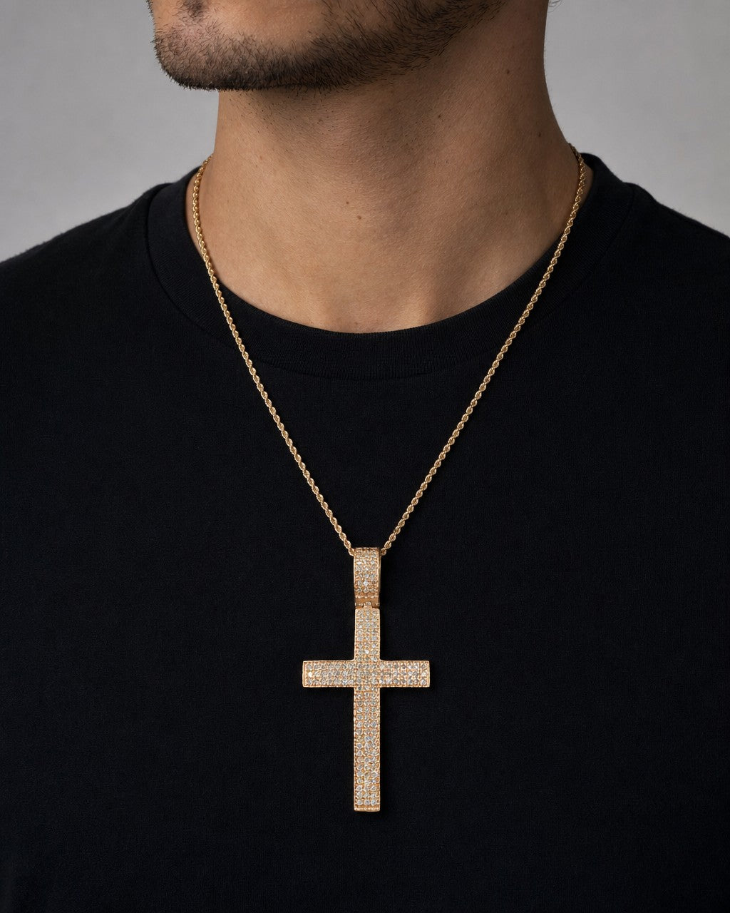 Male model wearing 14K Rose Gold Latin Cross Diamond Pendant